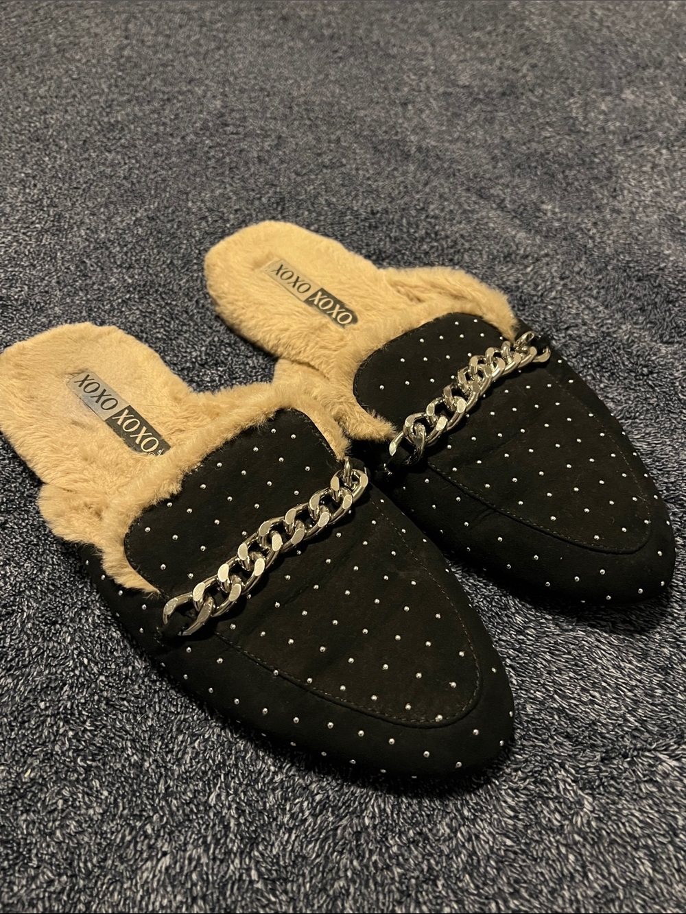 XOXO Black Faux Fur-Lined Studded Slide Mules with Silver Chain